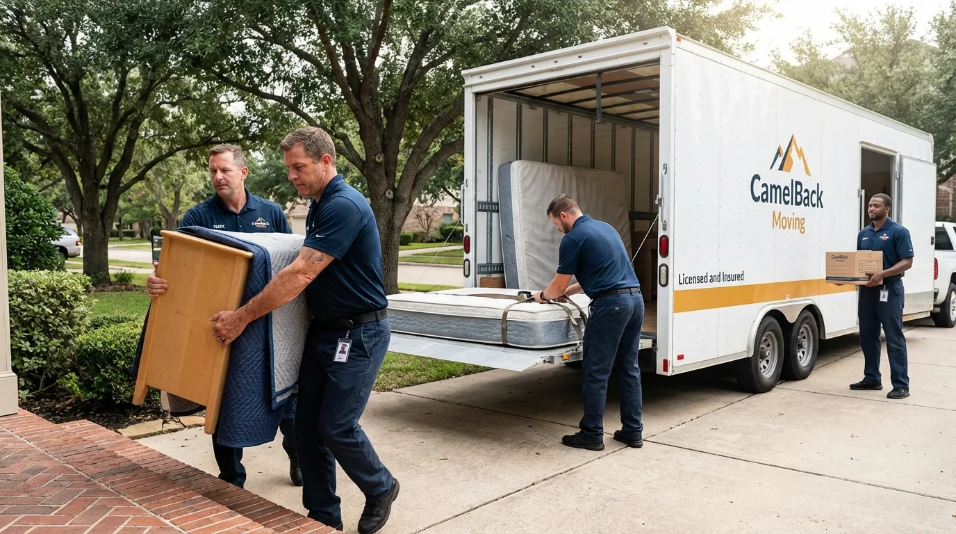 Crew loading residential truck for cross-state move from San Bernardino, CA