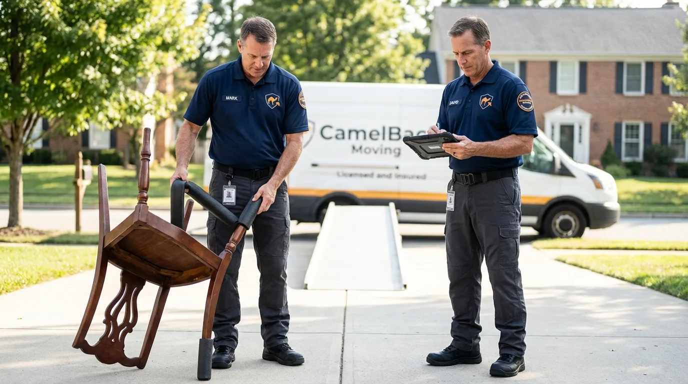 Movers inspecting furniture for damage prevention before loading in San Bernardino, CA