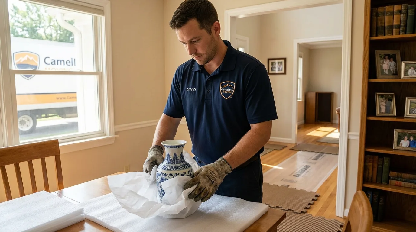 Professional crew carefully wrapping antique vase for senior downsizing move in San Bernardino, CA